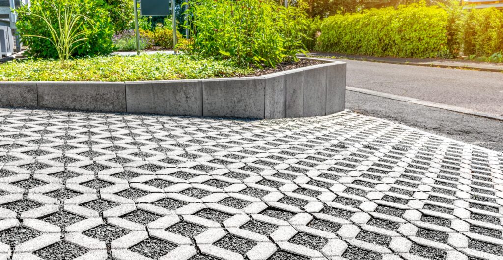 Paved walkway featuring a stylish geometric pattern, inviting and visually appealing