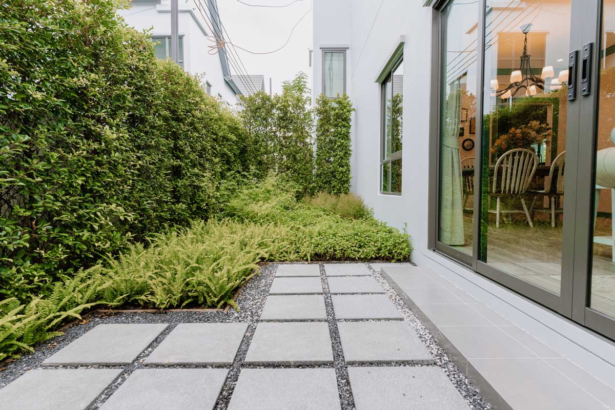 Modern garden featuring a patio and glass door, showcasing elegant hardscapes and lush greenery