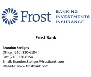 Business card template for Frost Bank, featuring a professional design with logo and contact details