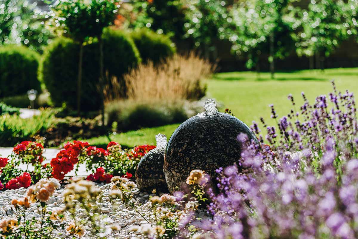 Serene garden featuring vibrant flowers, smooth rocks, and beautiful water features creating a peaceful atmosphere