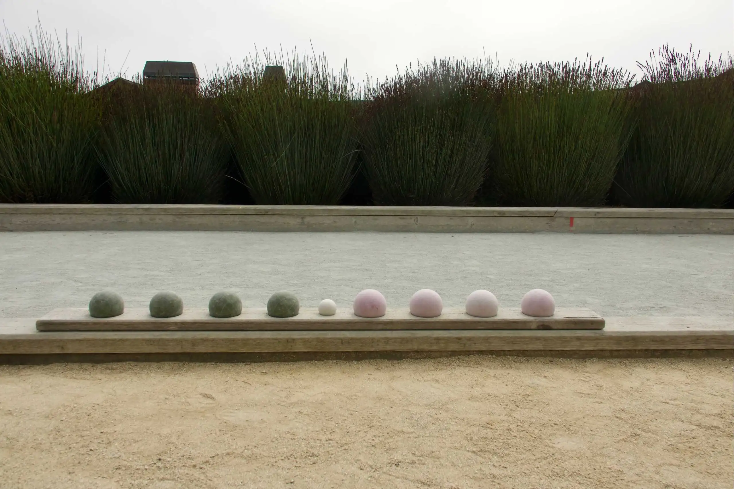 Bocce balls lined up on a wooden ledge beside a gravel court, surrounded by tall grasses and softscapes