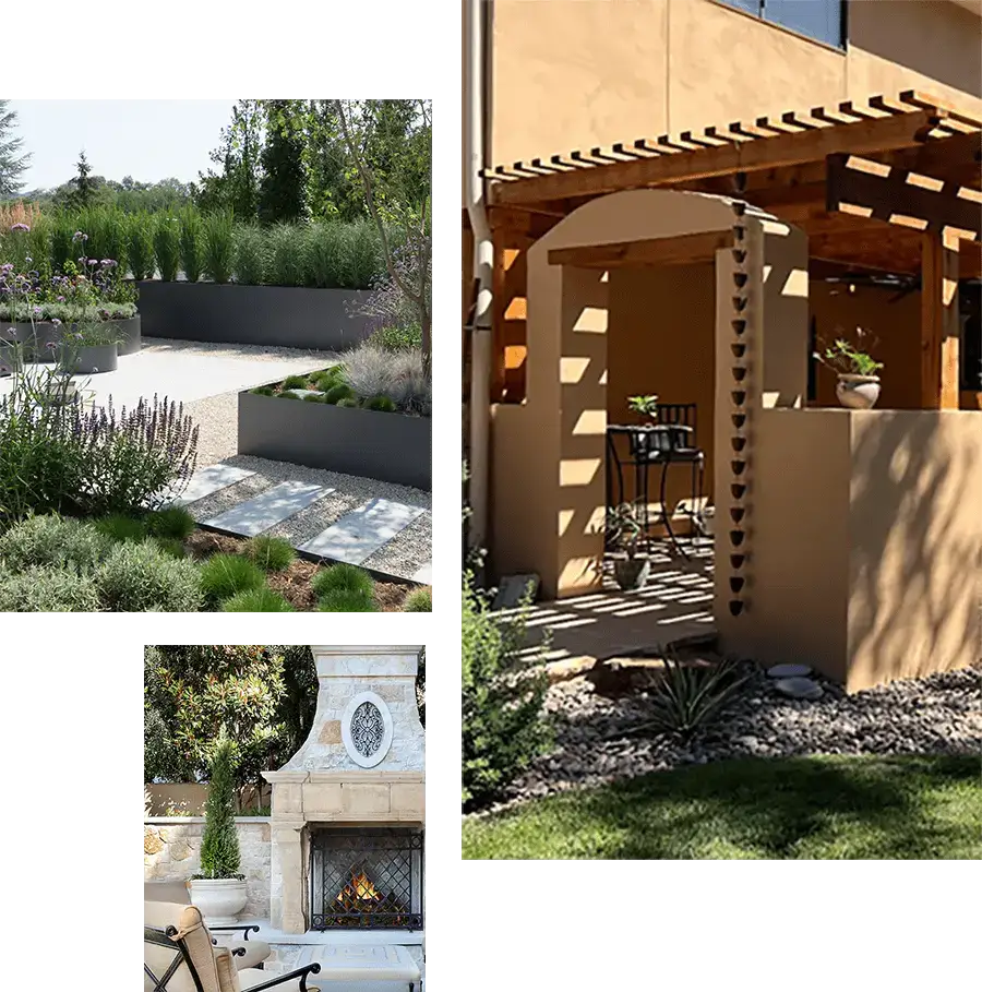 Collage of modern landscaping with raised planters, an outdoor pergola, and a cozy fireplace seating area