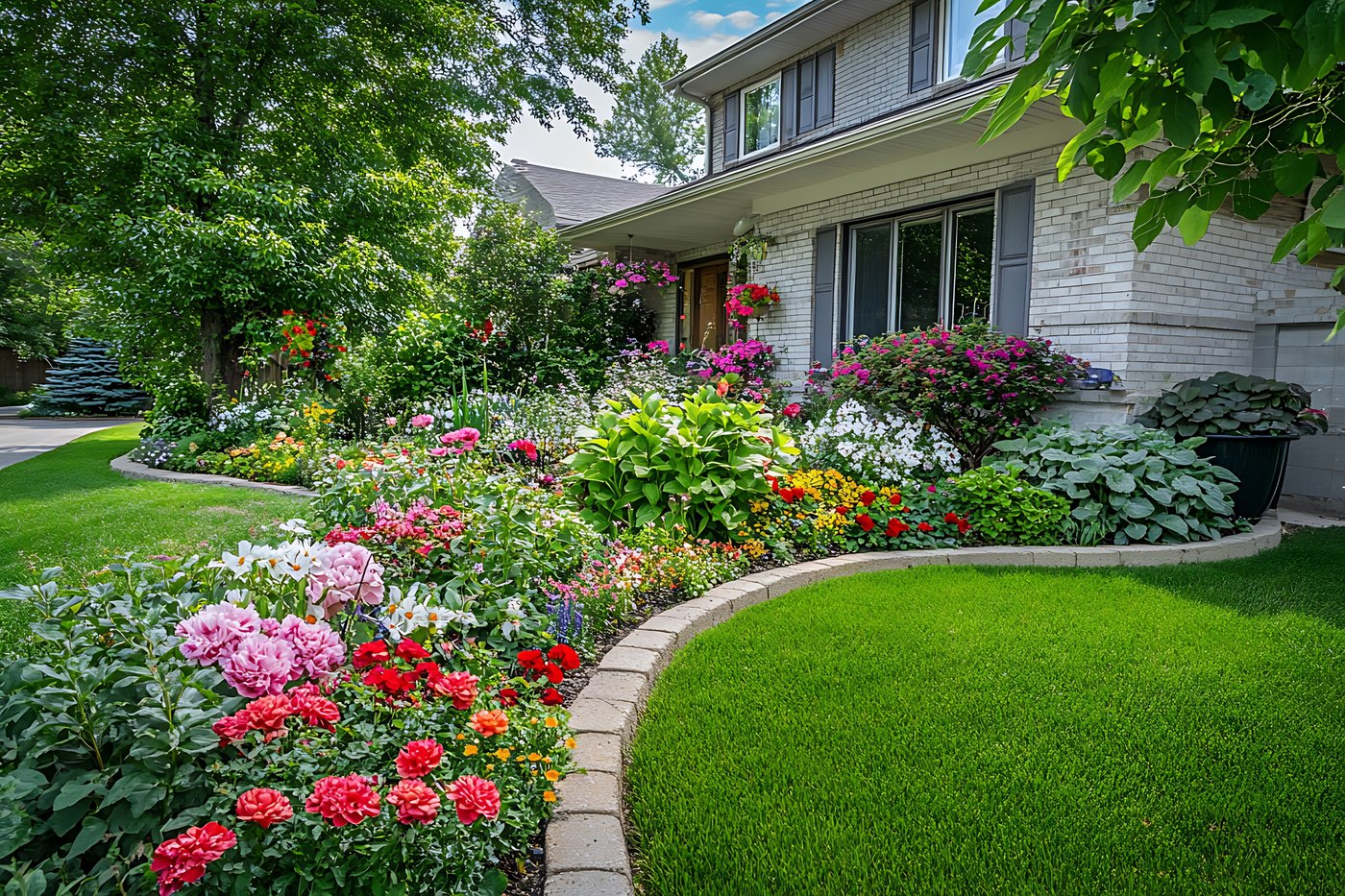 Curved flower beds and lawn edging along the front of a home in New Braunfels, TX
